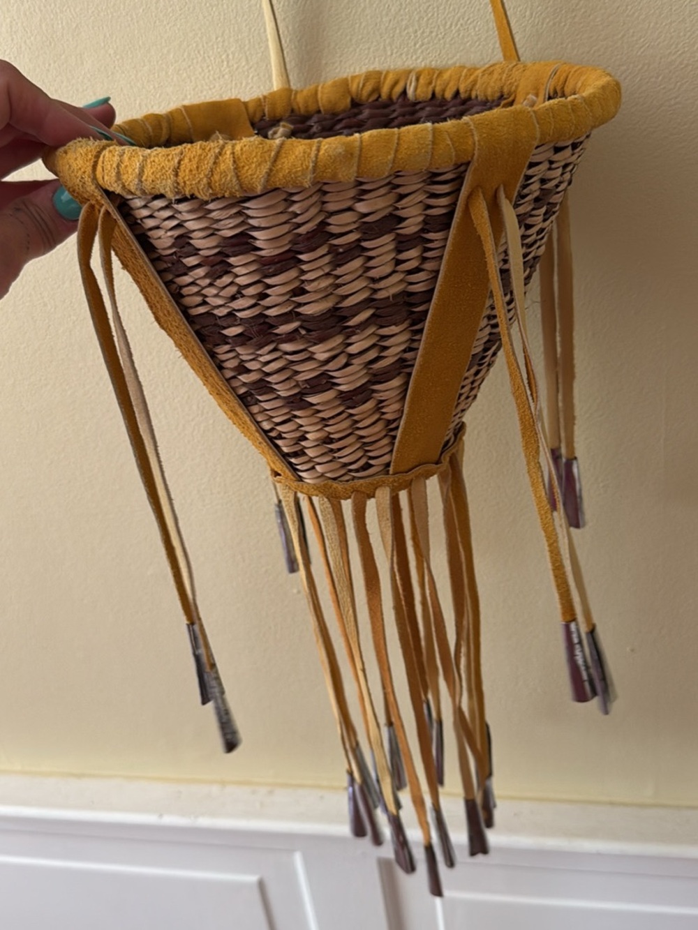Vintage Mustard Yellow Apache Woven Hanging Basket with Suede Fringe BOHO